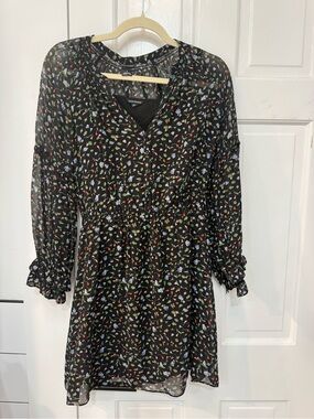 Club Monaco Sheer Black Silk Mini Dress with Multicolor Floral Print- size 4